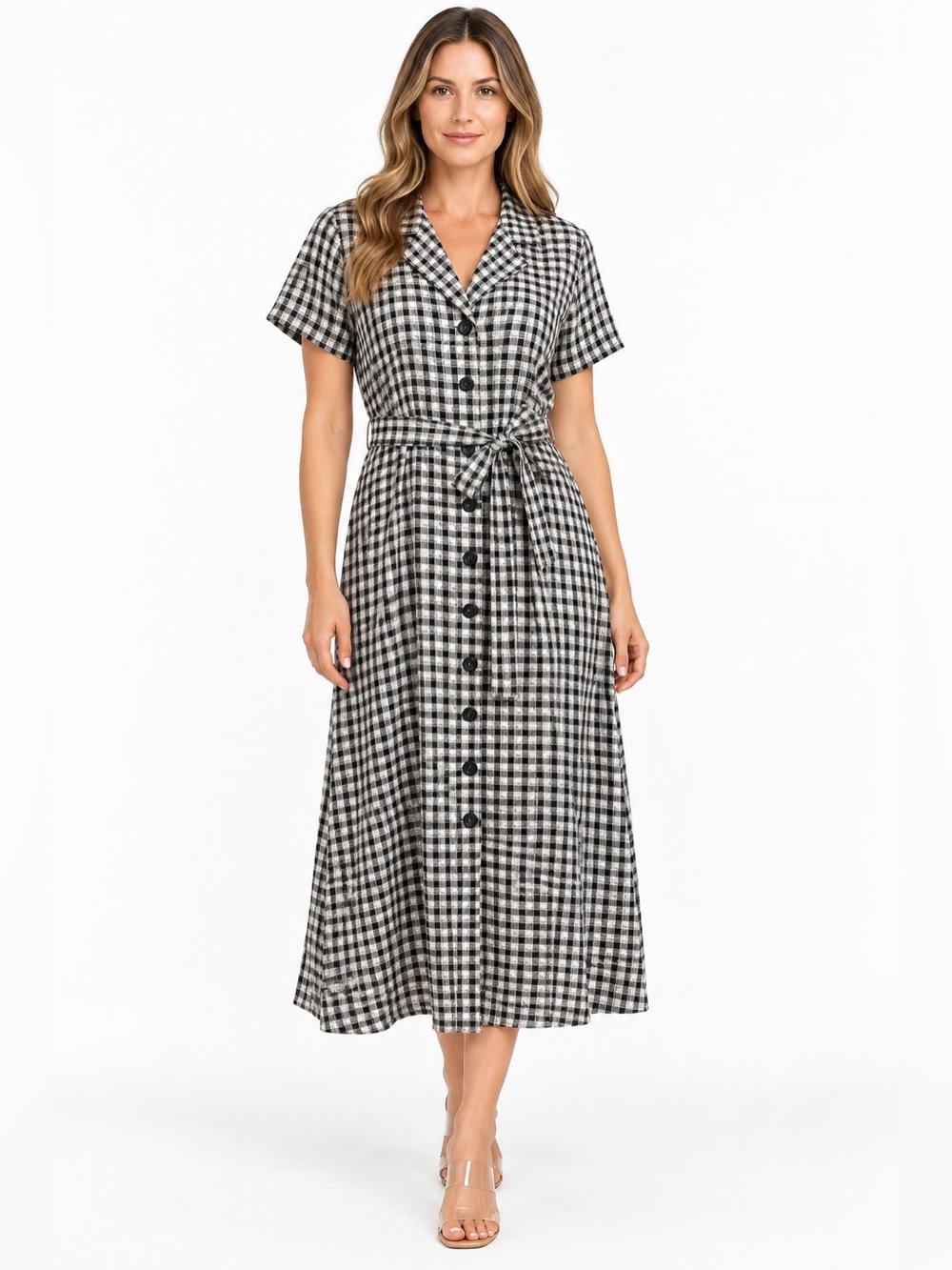 Quince 100% European Linen Gingham Button Front Belted Midi Dress M Black White